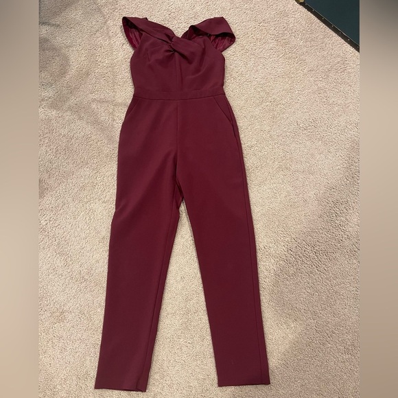 ADELYN RAE Red Crepe Twisted Off-Shoulder neckline Straight Leg Jumpsuit - Picture 3 of 11